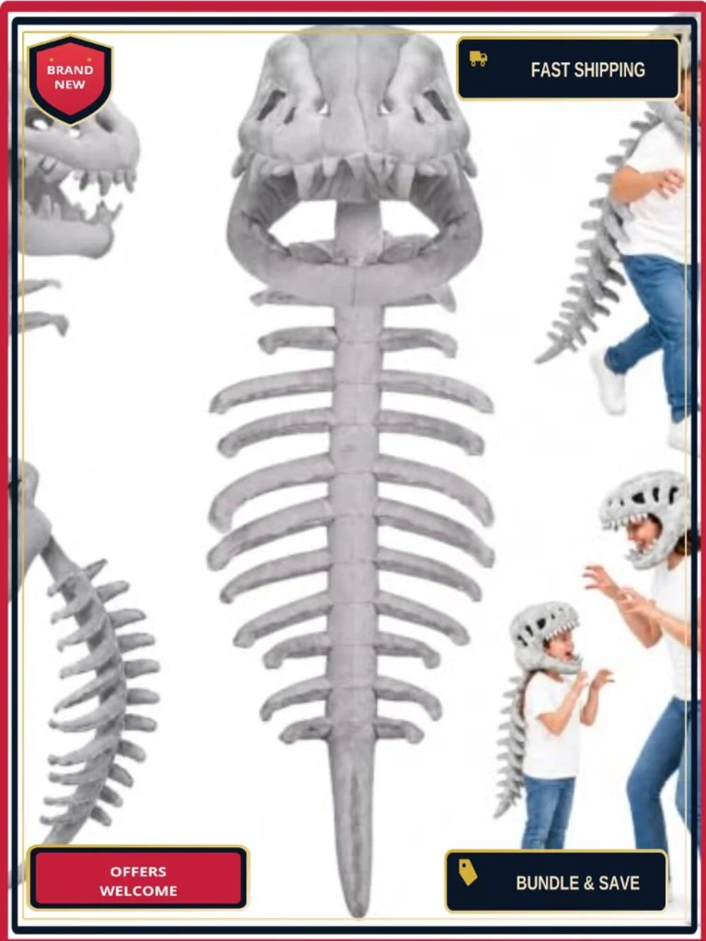 Plush 3D Dinosaur Skeleton Costume Kids Pull-On Skull Spine Halloween